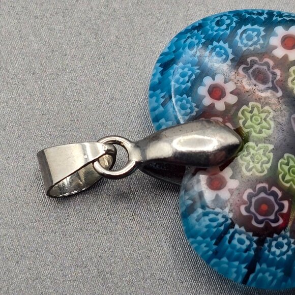 Murano Style Millefiori Glass Heart Pendant 1.25" Multicolor Floral 18k GF Bail - Picture 4 of 5